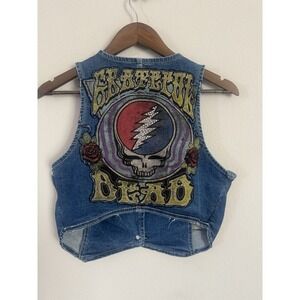 Distressed Grateful Dead Upcycled Denim Vest Size Women's Large Patchwork
